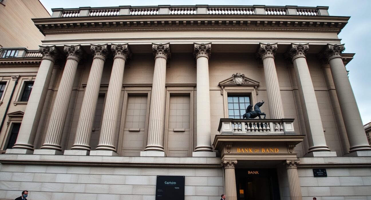 Bank of England building in London on a cloudy day, representing UK monetary policy and inflation concerns.