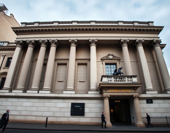 Bank of England building in London on a cloudy day, representing UK monetary policy and inflation concerns.