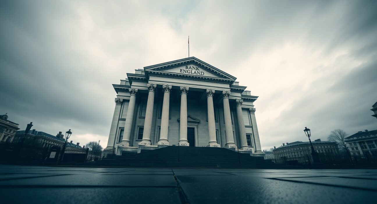 Bank of England building in London on a cloudy day, representing UK monetary policy and inflation analysis.