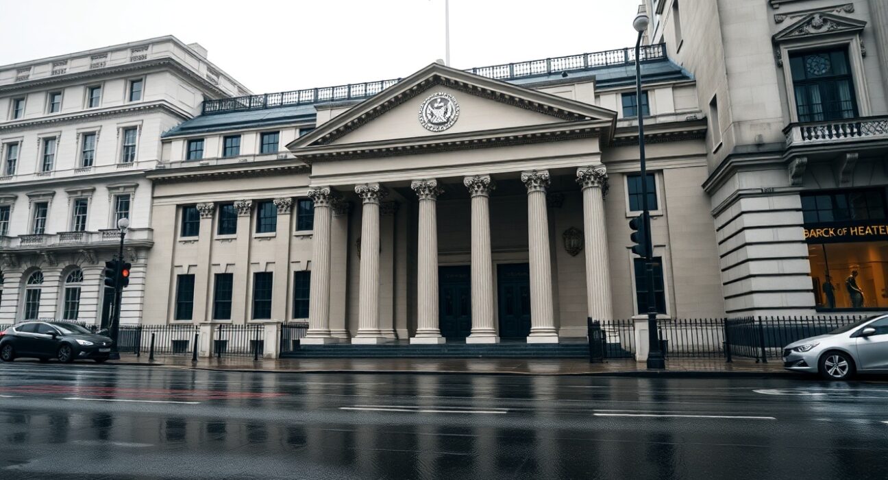Bank of England headquarters in London on a cloudy day, reflecting monetary policy decision context.