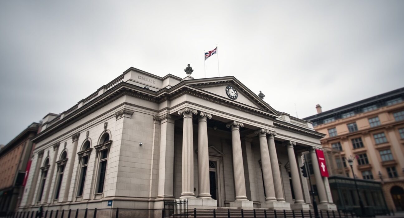 Bank of England headquarters in London on a cloudy day, representing steady monetary policy.