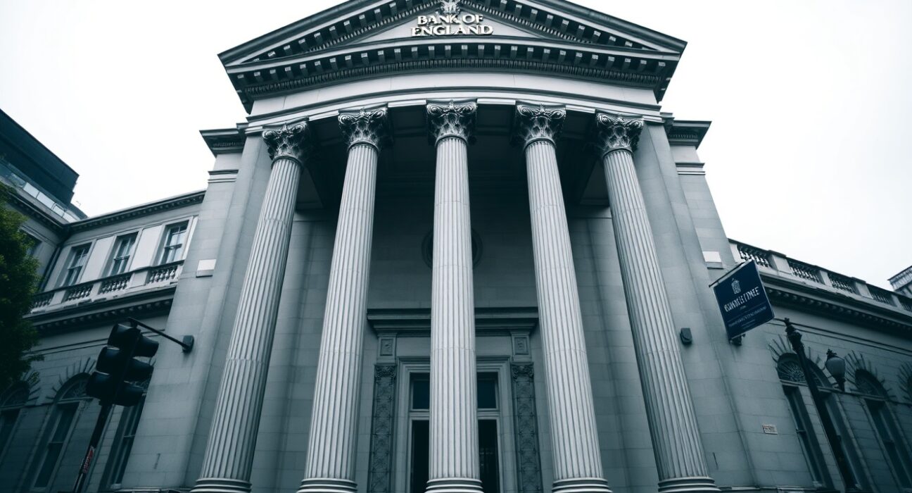 The Bank of England building in London on an overcast day, representing a monetary policy decision.