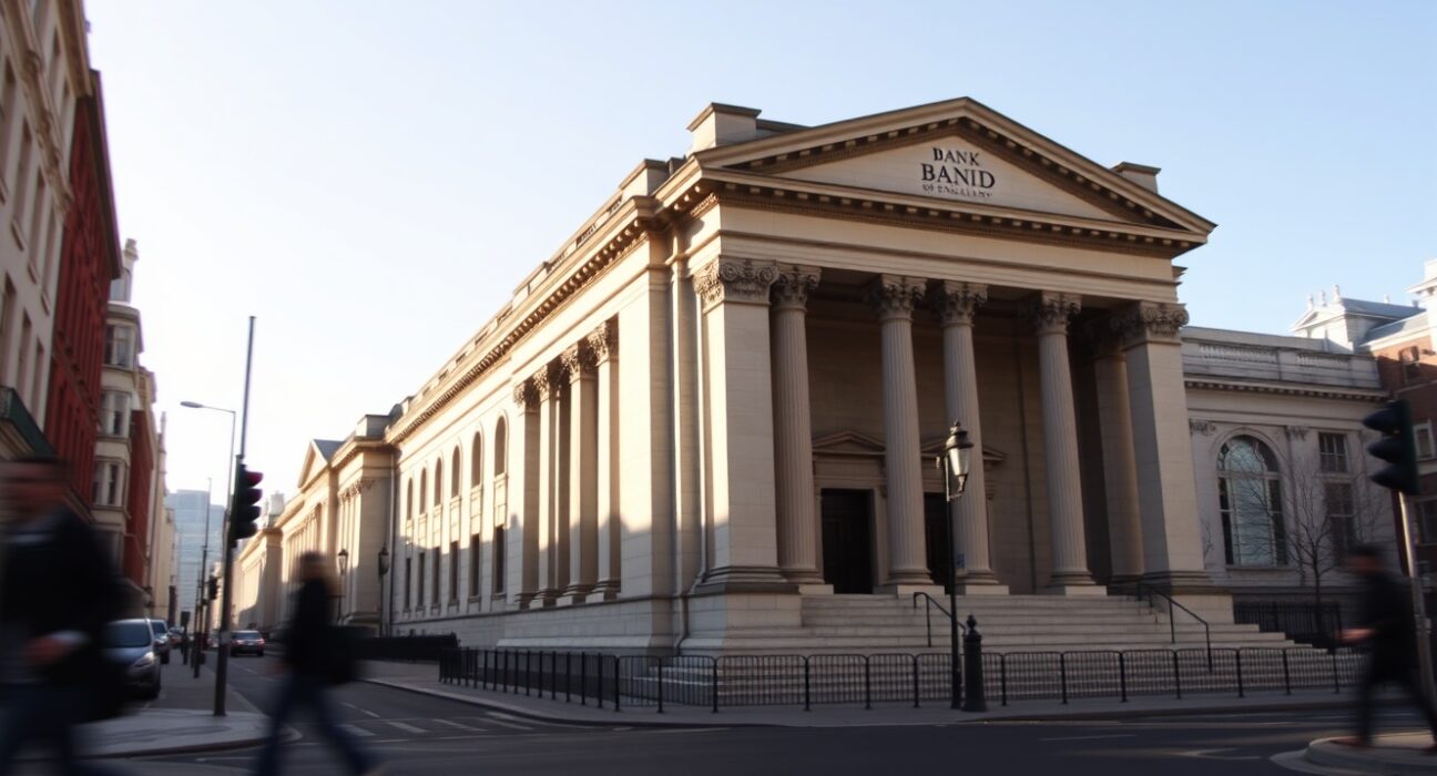 The Bank of England building in London, where interest rates are expected to be held steady.