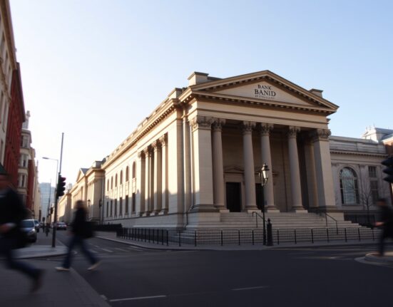 The Bank of England building in London, where interest rates are expected to be held steady.