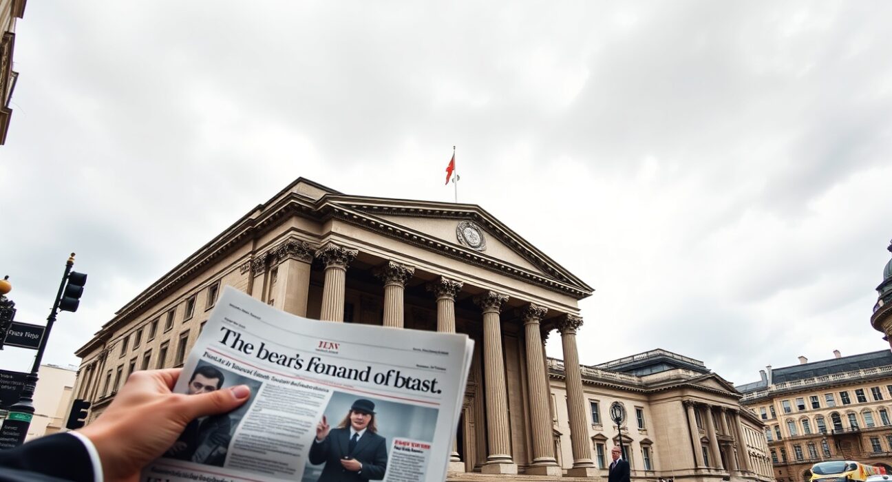 Bank of England building in London during monetary policy decision on interest rates amid geopolitical uncertainty.