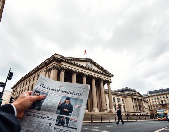 Bank of England building in London during monetary policy decision on interest rates amid geopolitical uncertainty.