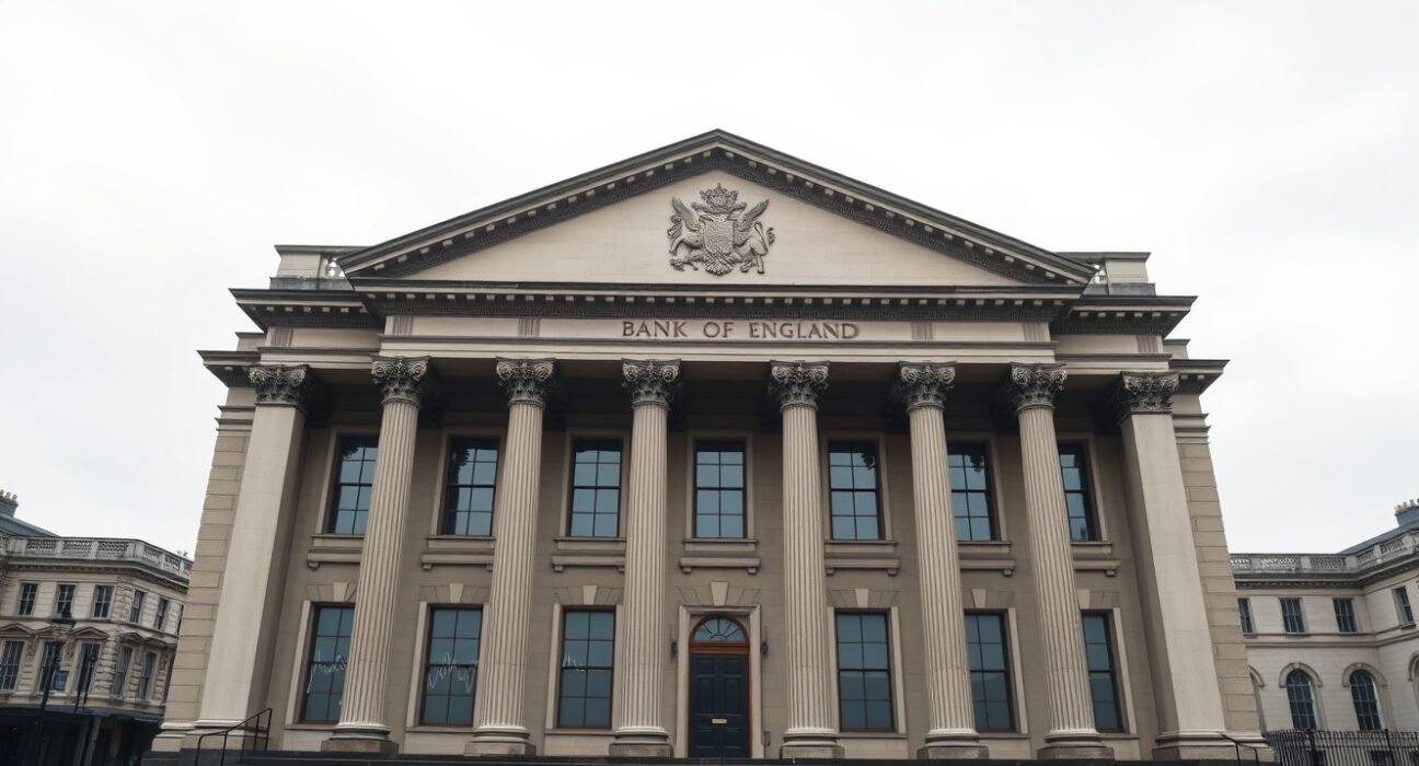 Bank of England building with reflection of energy price chart symbolizing interest rate decision and inflation.