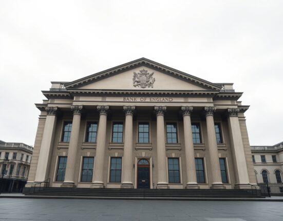 Bank of England building with reflection of energy price chart symbolizing interest rate decision and inflation.