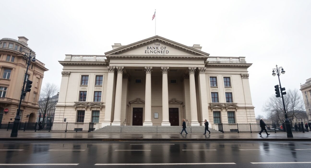 Bank of England building in London, representing the BoE interest rate decision to hold at 3.75%.