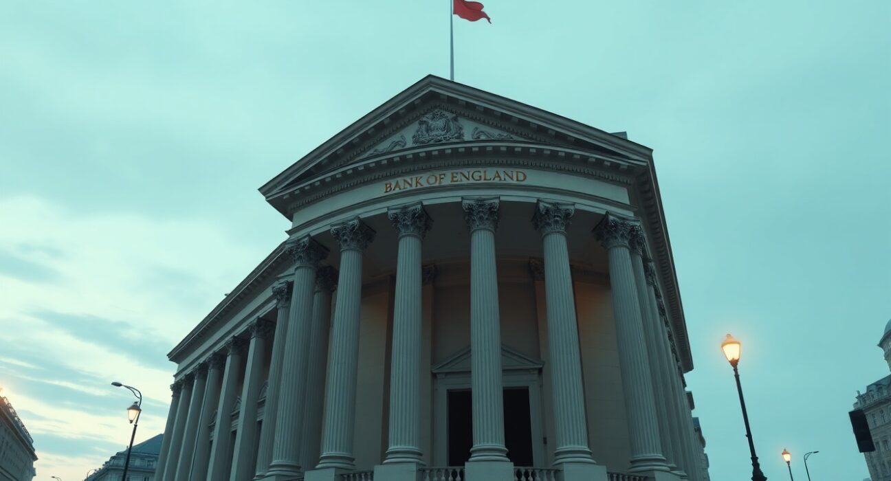 Bank of England building during monetary policy decision amid Iran war uncertainty.