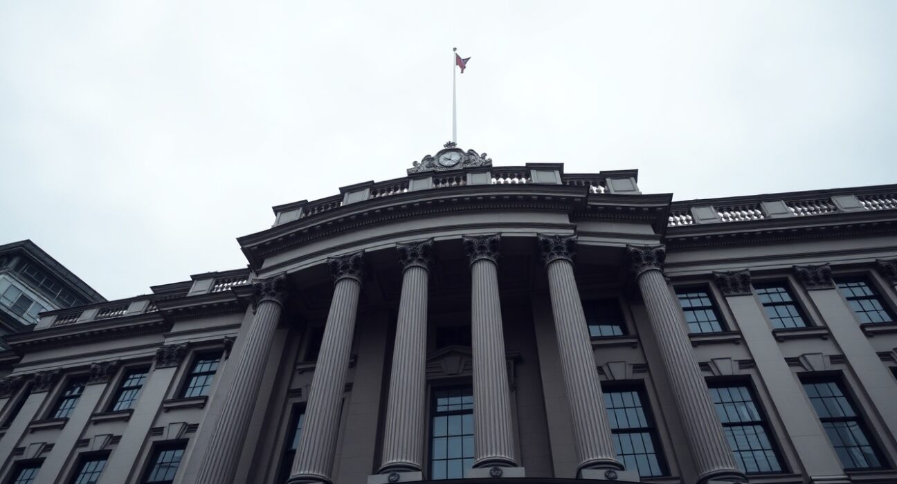 Bank of England building in London under overcast sky, representing monetary policy and inflation analysis.