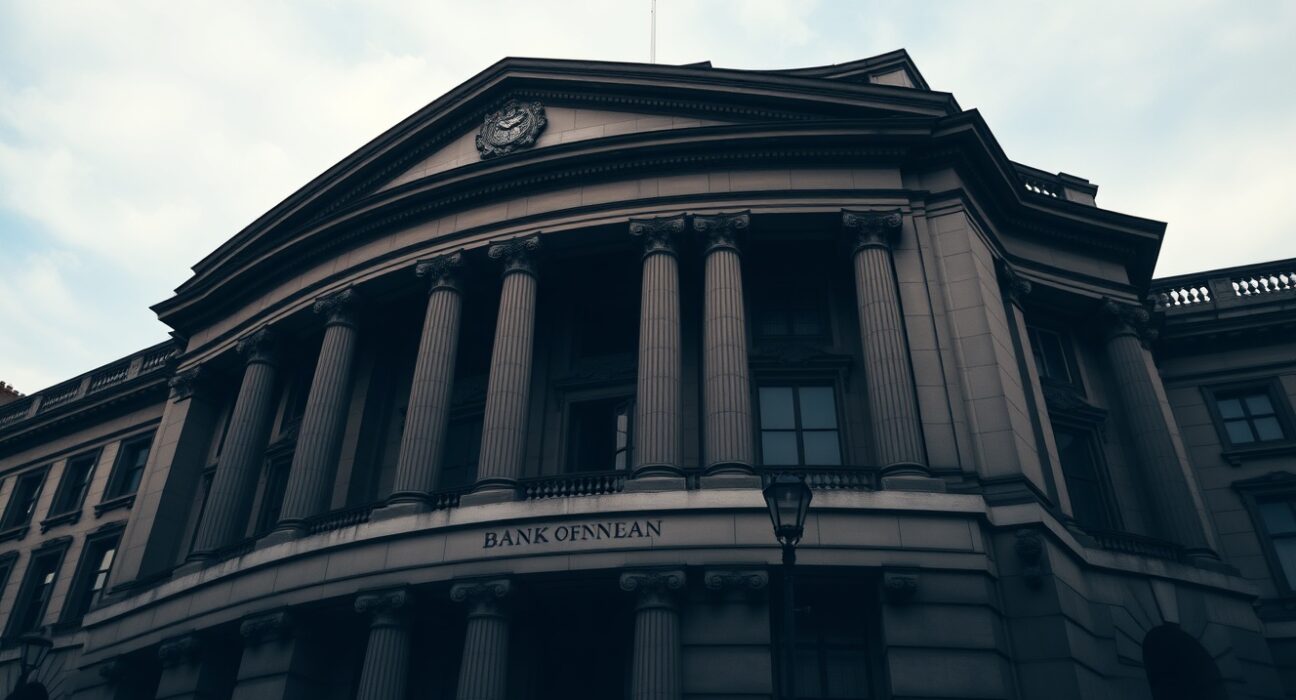 Bank of England building in London on a cloudy day, representing monetary policy decision