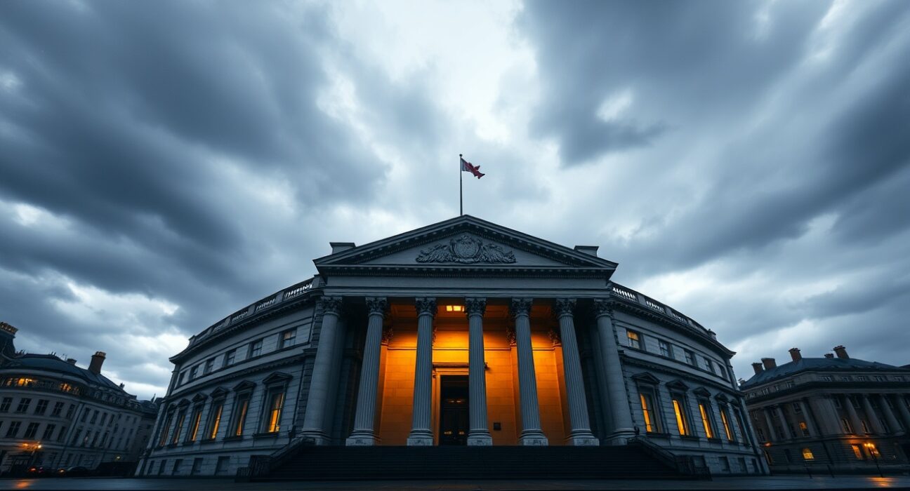 Bank of England building under cloudy sky representing BoE interest rate decision and inflation outlook