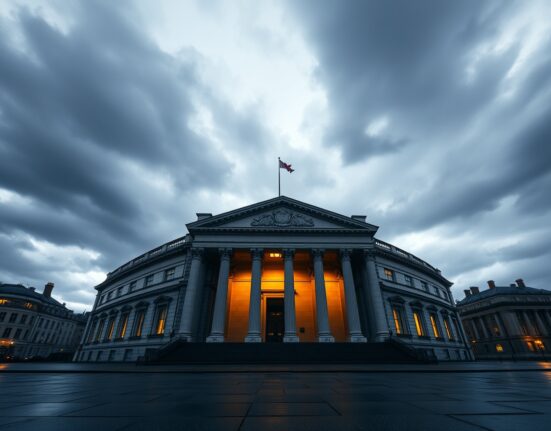Bank of England building under cloudy sky representing BoE interest rate decision and inflation outlook