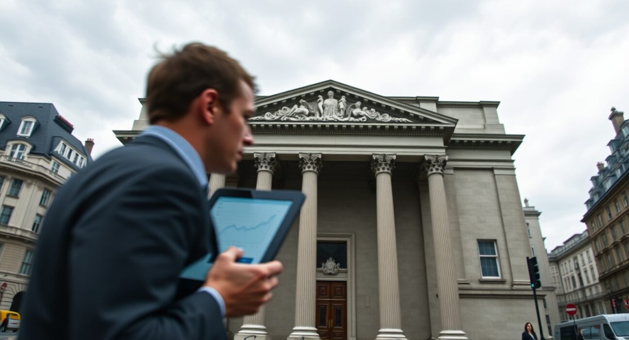 Bank of England building with analyst reviewing economic data amid inflation concerns from Middle East conflict.