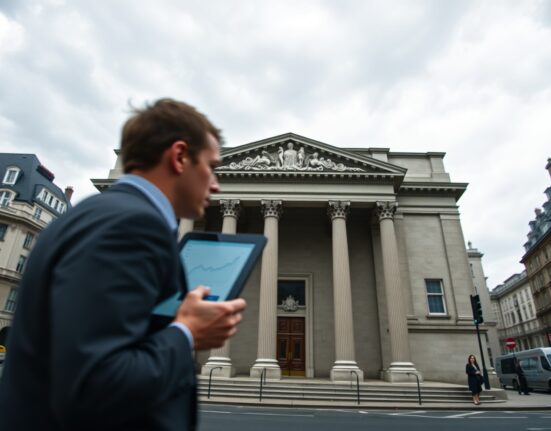 Bank of England building with analyst reviewing economic data amid inflation concerns from Middle East conflict.