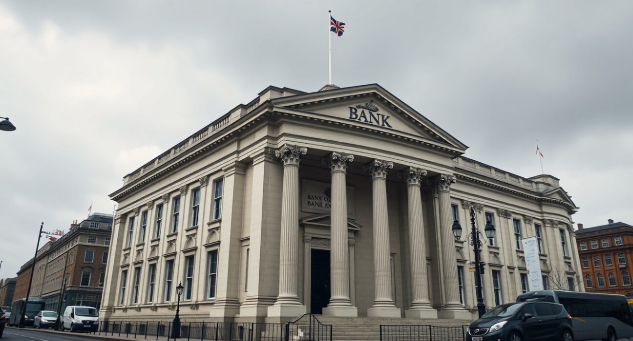 Bank of England building exterior on a cloudy day, symbolizing steady interest rate decision amid Iran war geopolitical uncertainty.