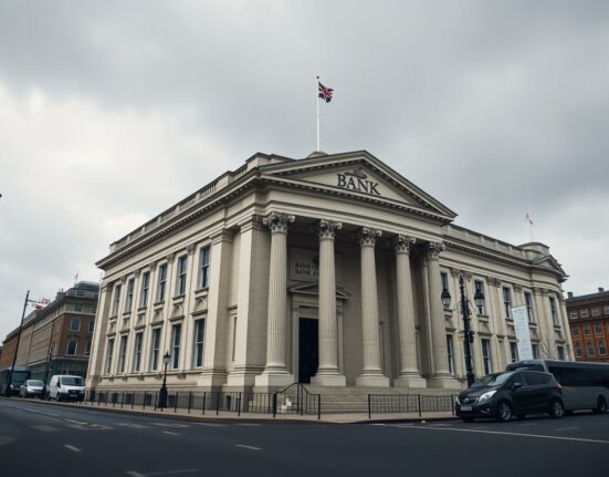 Bank of England building exterior on a cloudy day, symbolizing steady interest rate decision amid Iran war geopolitical uncertainty.