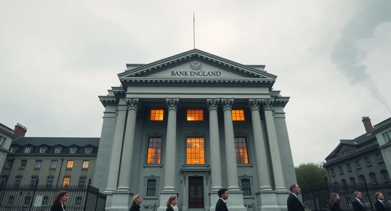 Bank of England building under cloudy sky, symbolizing BoE interest rate decision amid Iran war inflation concerns.