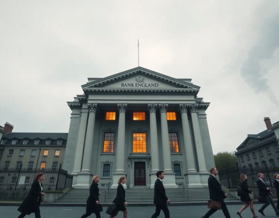 Bank of England building under cloudy sky, symbolizing BoE interest rate decision amid Iran war inflation concerns.