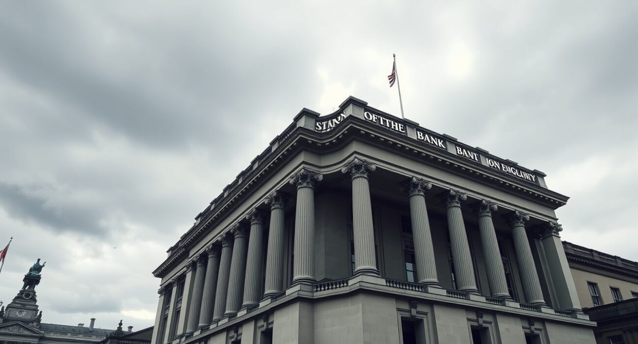 Bank of England building with geopolitical tensions highlighting BoE interest rate unchanged decision amid Iran war inflation risks.