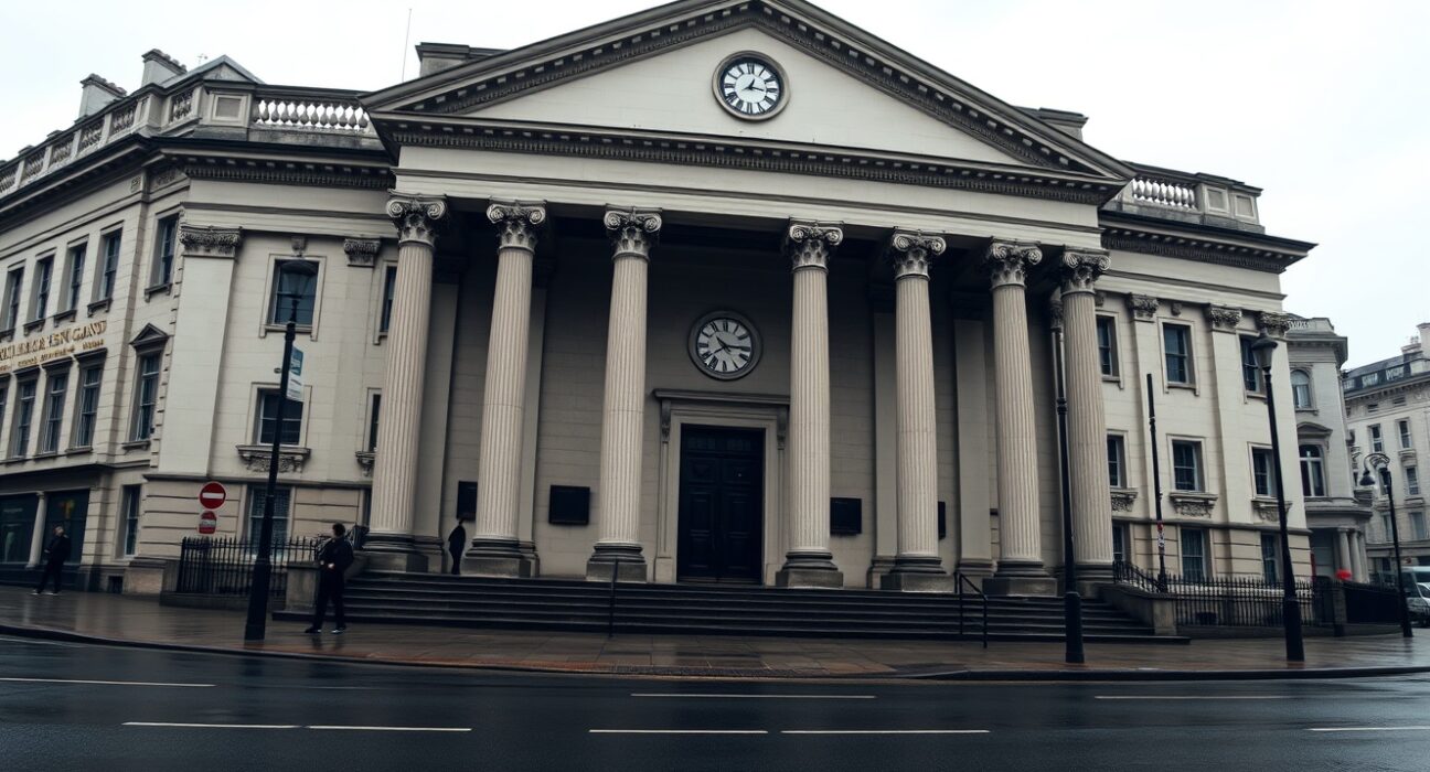 Bank of England headquarters in London on a cloudy day, representing UK monetary policy news.