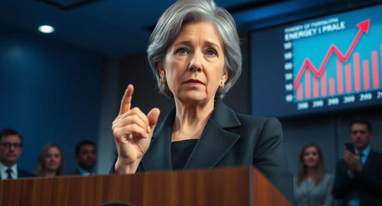 Bank of England policymaker Catherine Mann speaking at a press conference with energy price chart in background