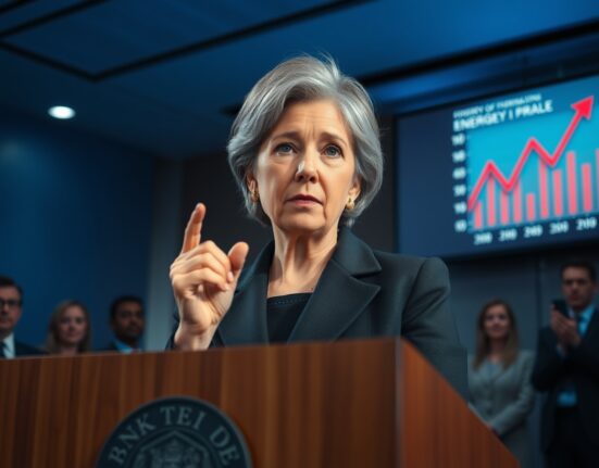 Bank of England policymaker Catherine Mann speaking at a press conference with energy price chart in background