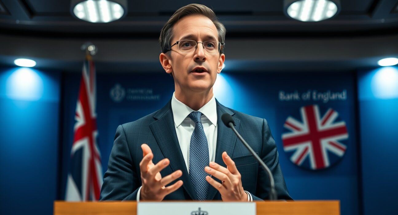 Bank of England Chief Economist Huw Pill speaking at a press conference about interest rates
