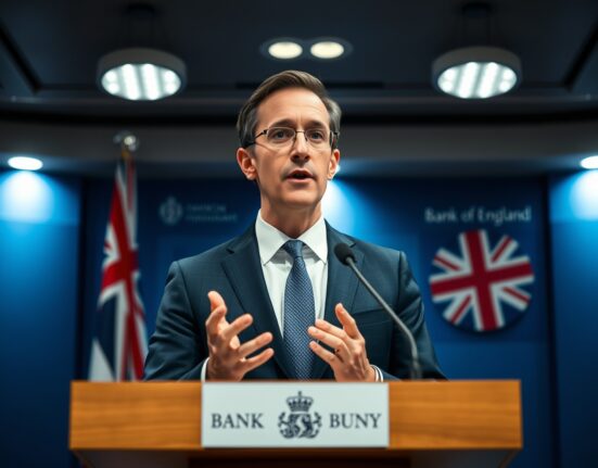 Bank of England Chief Economist Huw Pill speaking at a press conference about interest rates