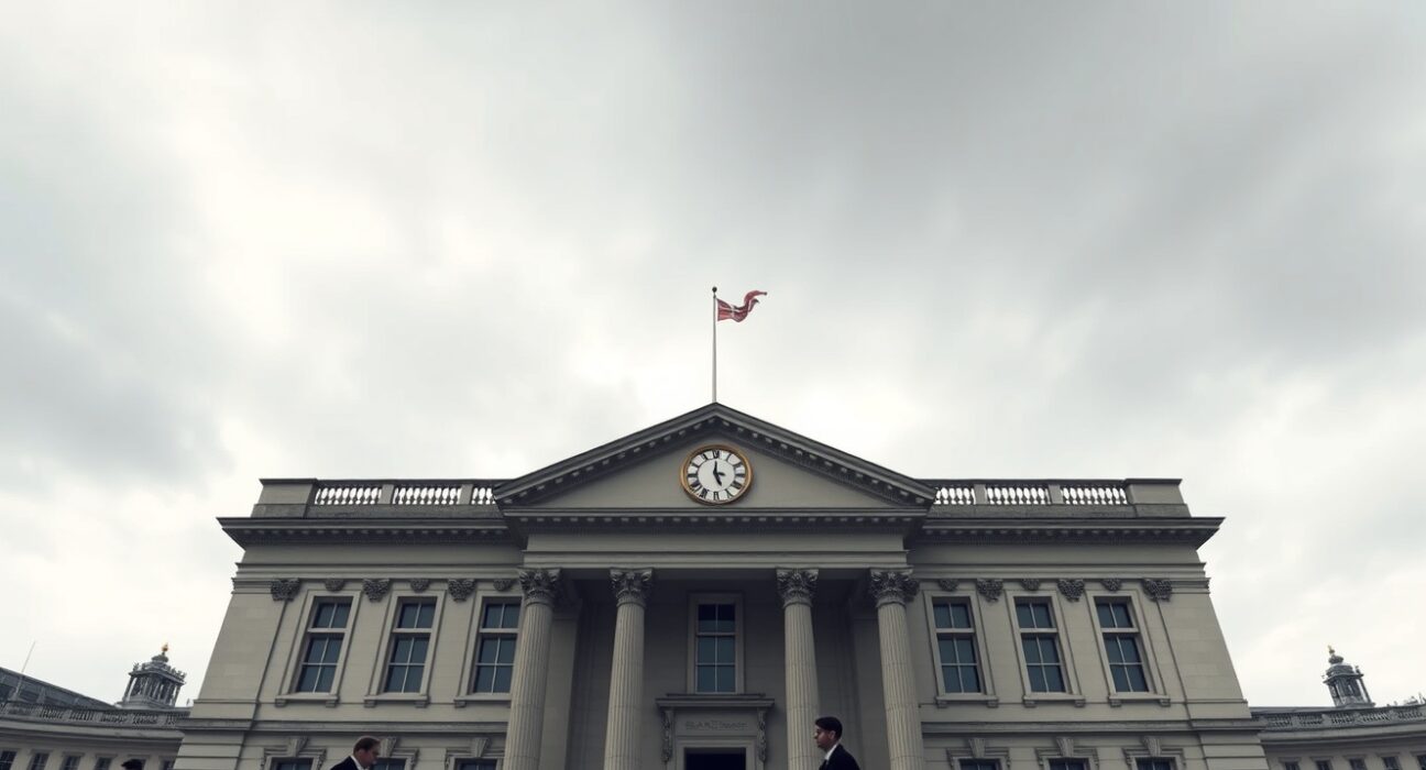 Bank of England building under cloudy sky, representing the restrictive BoE policy pause analyzed by Standard Chartered.