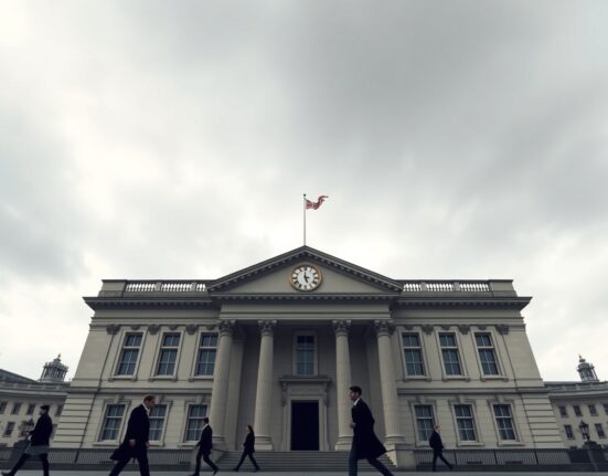Bank of England building under cloudy sky, representing the restrictive BoE policy pause analyzed by Standard Chartered.