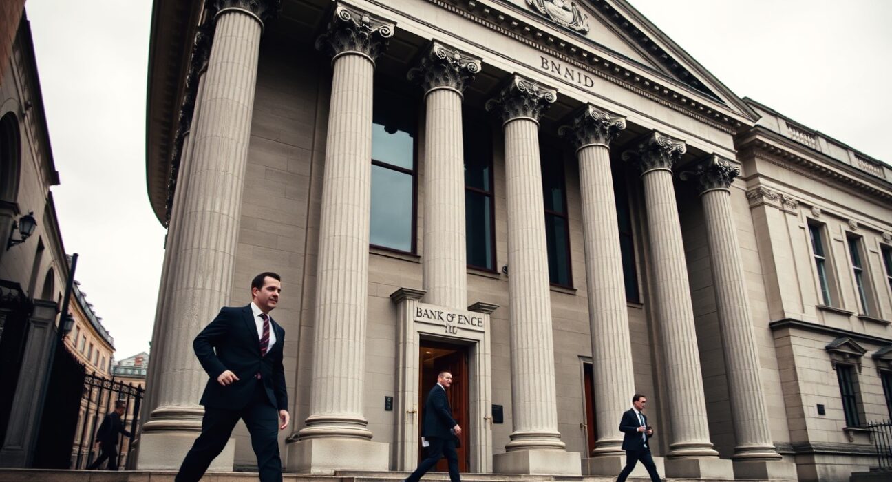 Bank of England building exterior on a cloudy day with professionals walking nearby