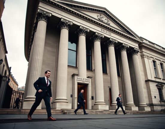 Bank of England building exterior on a cloudy day with professionals walking nearby