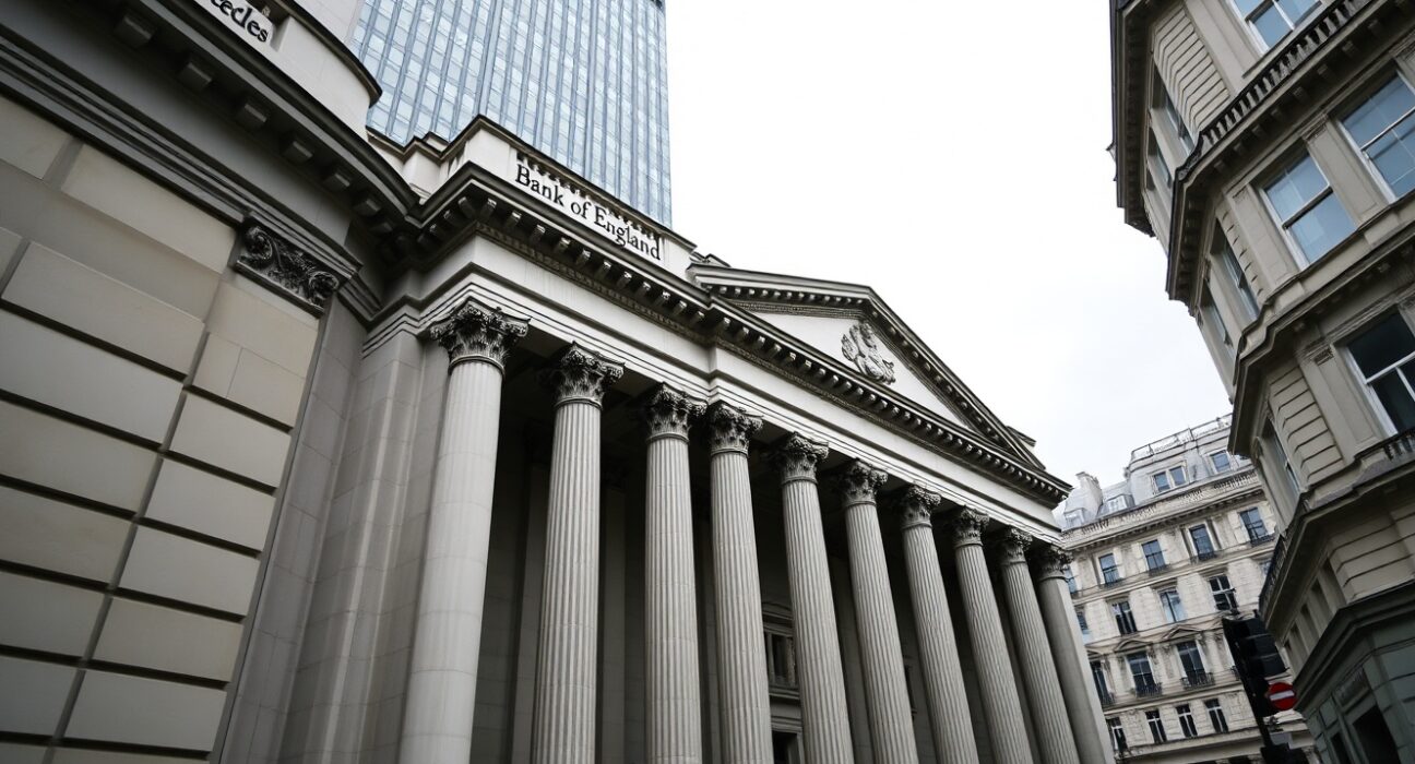 Bank of England building on Threadneedle Street, London, under overcast sky