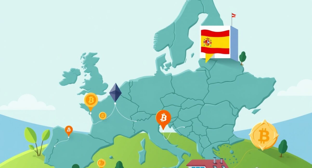A cartoon map highlighting Spain, symbolizing Boerse Stuttgart Digital's expansion and increased access to digital assets in the region.