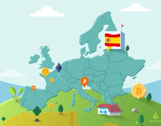 A cartoon map highlighting Spain, symbolizing Boerse Stuttgart Digital's expansion and increased access to digital assets in the region.