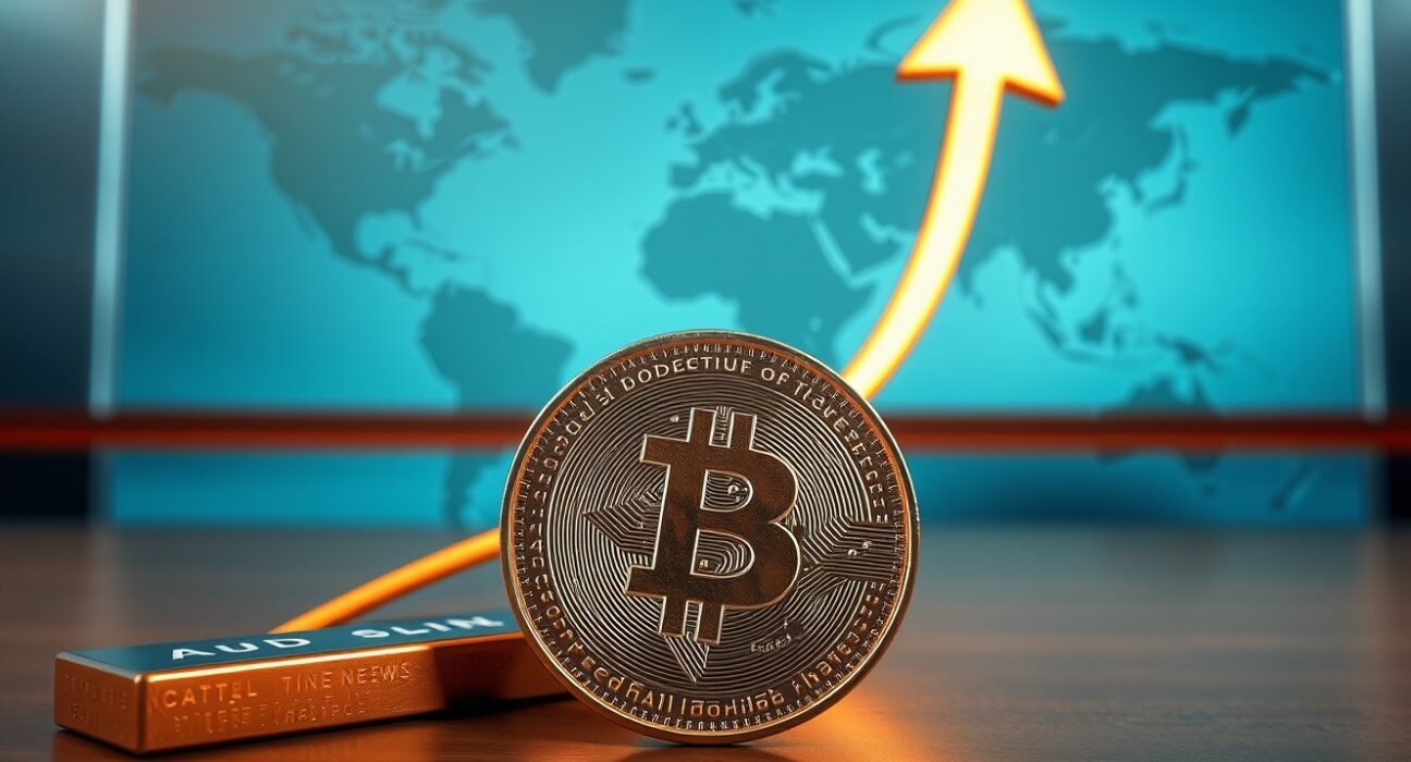Australian dollar coin with copper bar and upward arrow representing AUD upside from copper strength and rate outlook