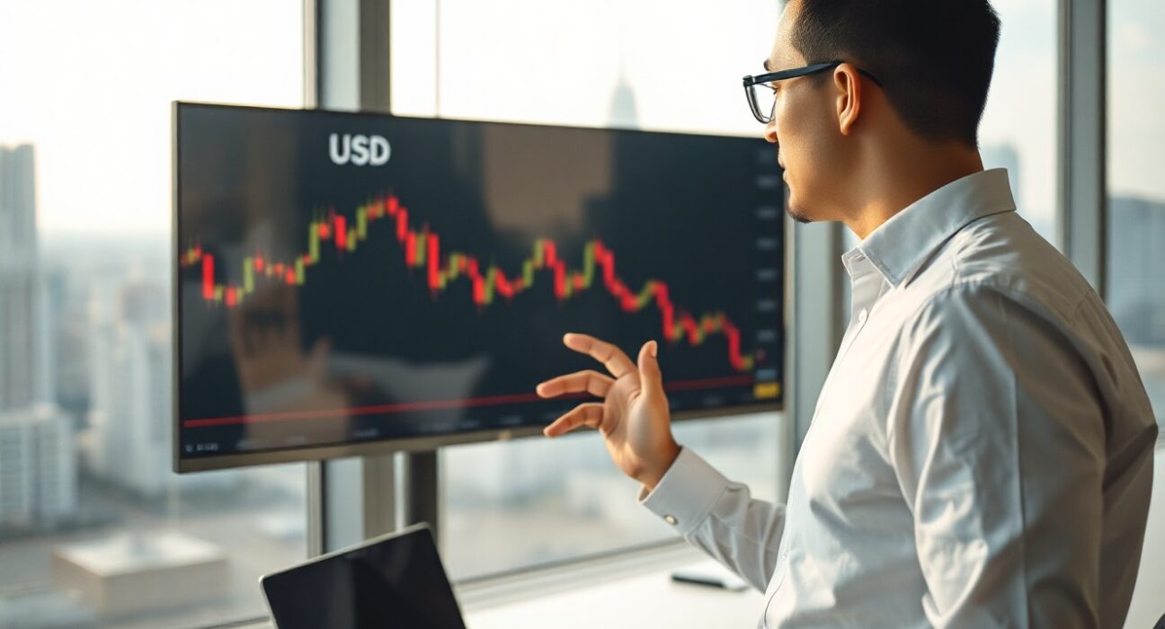 Financial analyst reviewing a bearish EUR/USD chart on a large screen in a modern office.