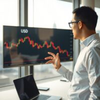 Financial analyst reviewing a bearish EUR/USD chart on a large screen in a modern office.