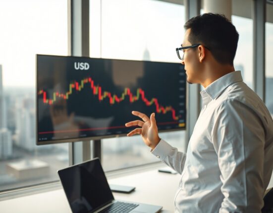 Financial analyst reviewing a bearish EUR/USD chart on a large screen in a modern office.