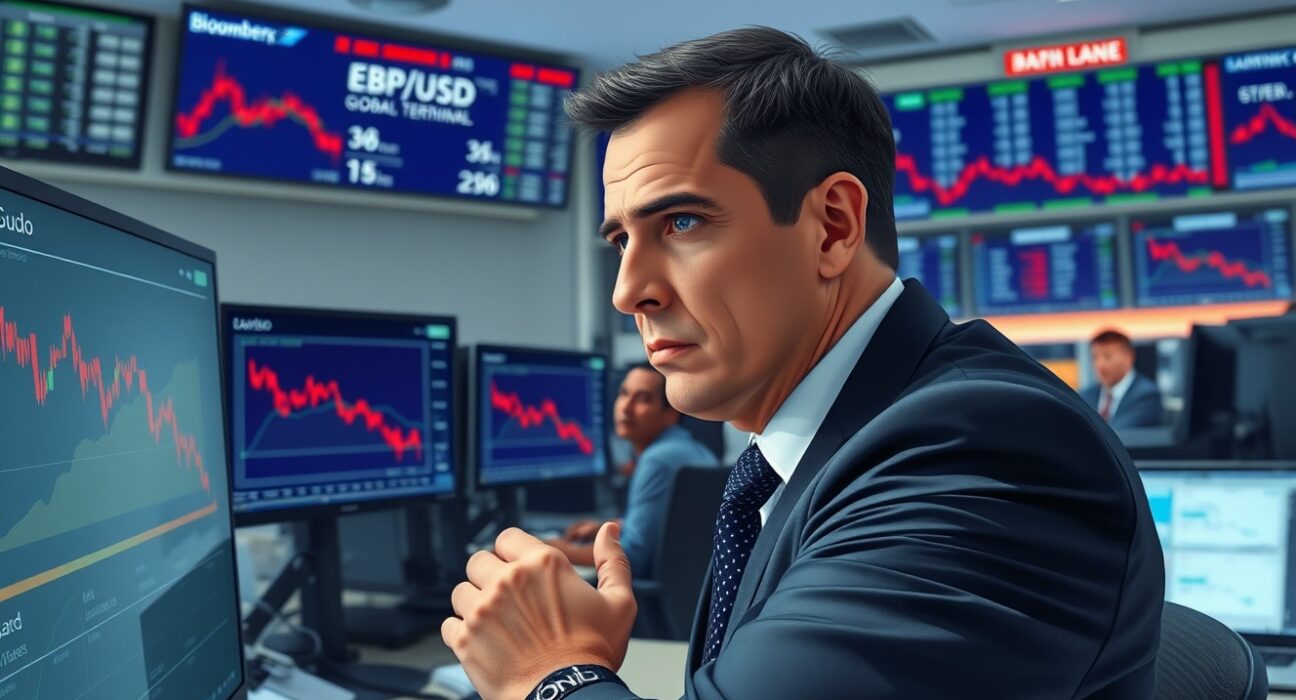 Bank of America trader analyzing British pound decline on trading floor screens