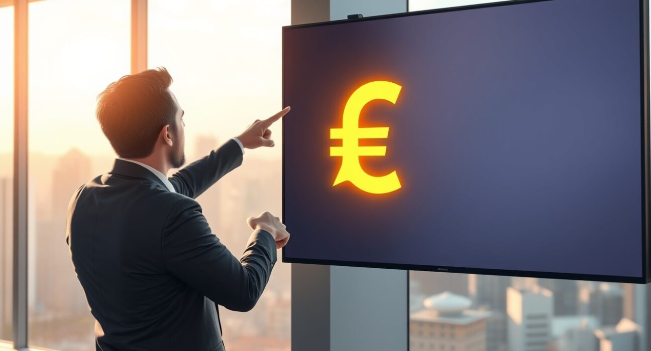 Bank of America bullish Brazil real outlook analyst pointing at EUR/BRL sell signal on digital screen