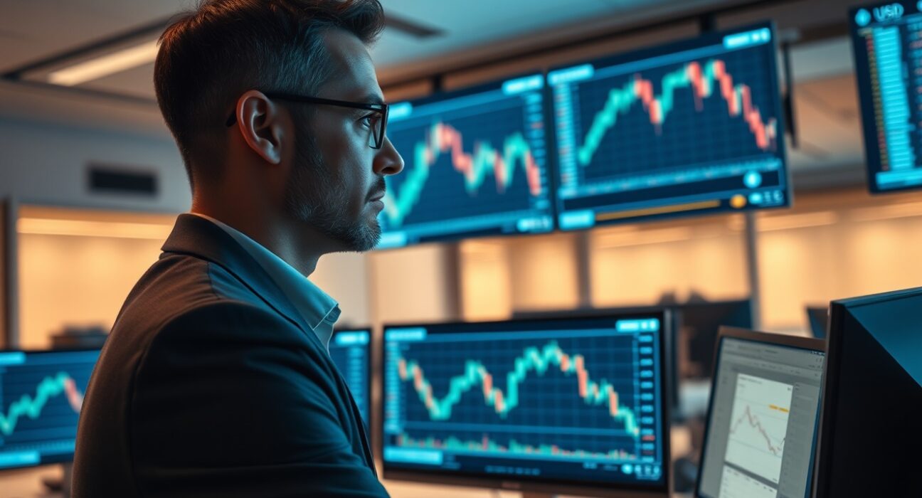 Financial analyst monitoring EUR/USD forex chart showing downward trend in a modern trading office