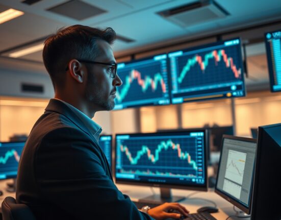 Financial analyst monitoring EUR/USD forex chart showing downward trend in a modern trading office