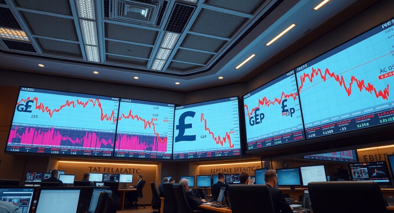 Trading floor screens showing British pound currency charts in decline amid market volatility