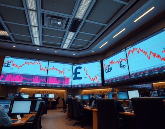 Trading floor screens showing British pound currency charts in decline amid market volatility