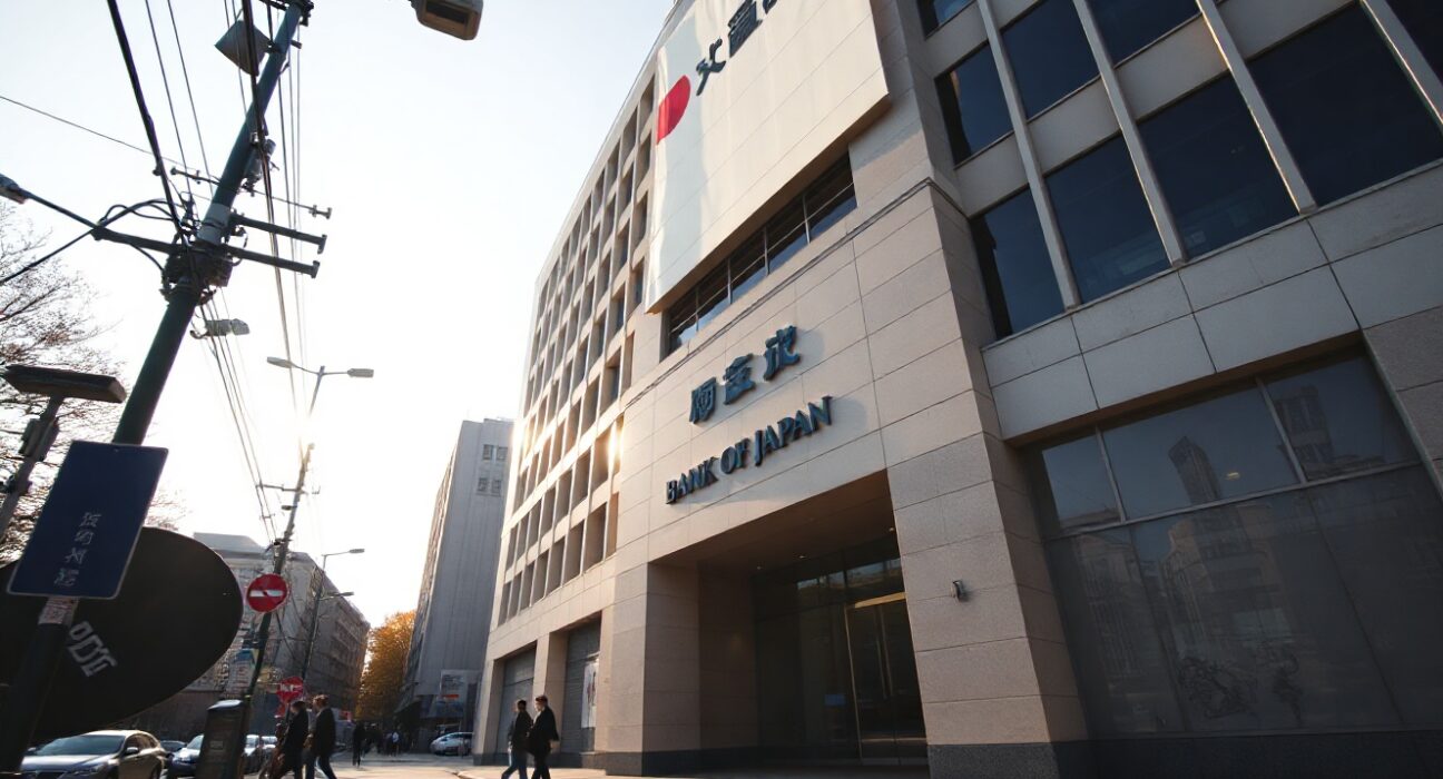 Bank of Japan headquarters in Tokyo on a clear day, symbolizing monetary policy decisions.