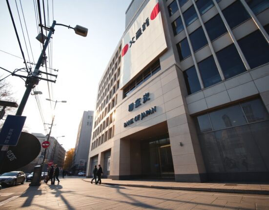 Bank of Japan headquarters in Tokyo on a clear day, symbolizing monetary policy decisions.