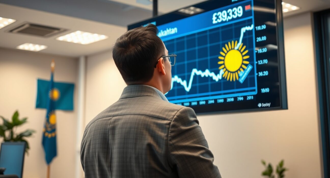 Financial analyst monitoring Kazakhstan tenge exchange rate chart on digital display